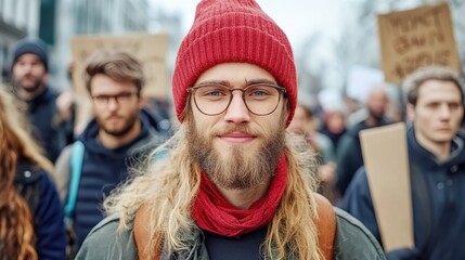 A young man with long hair and a red beanie smiles confidently in a crowd of protesters, holding signs during a peaceful demonstration.