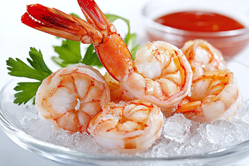 shrimp tail artfully arranged on crushed ice, cocktail sauce in background