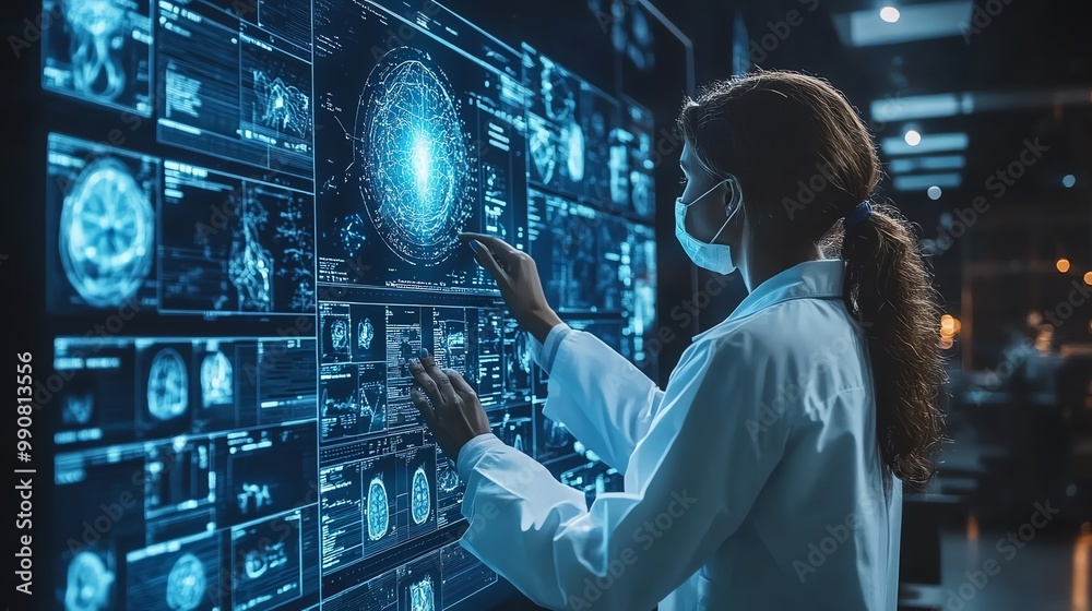 Poster a female scientist in a lab coat and face mask interacts with a large digital screen displaying data