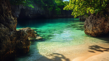 Fototapeta premium background with a secluded beach cove, featuring calm, crystal-clear water, rocky formations, and lush greenery