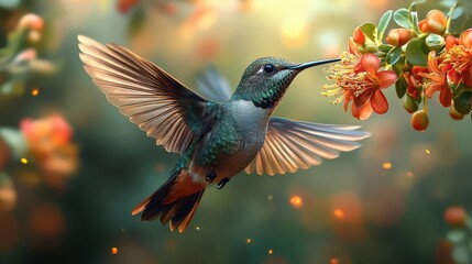 Fototapeta premium iridescent hummingbird midflight wings frozen in motion vibrant tropical flowers lush green background macro detail of feathers ethereal lighting