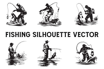 Fisherman and Rod Vector Silhouette Set, Outdoor Fishing Vector Silhouette Illustrations,