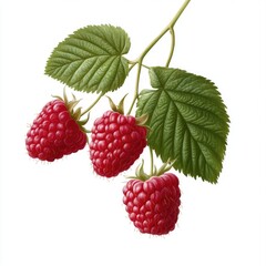 Three ripe raspberries attached to green leaves, showcasing their vibrant red color and texture against a plain background.
