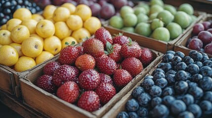 Freshly harvested strawberries, blueberries, and other fruits displayed at a local market during a sunny afternoon