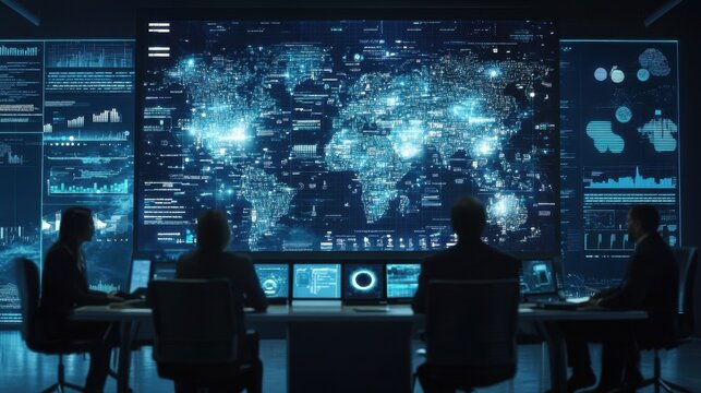 Photo of people sitting with a futuristic technology style world map screen discussing seriously and a low light room and a technology style screen