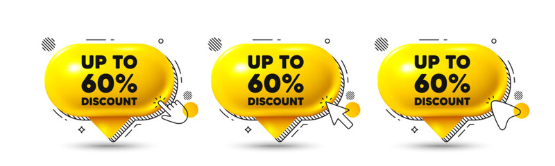 Chat speech bubble 3d icons. Up to 60 percent discount. Sale offer price sign. Special offer symbol. Save 60 percentages. Discount tag chat offer. Speech bubble banners. Text box balloon. Vector
