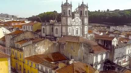 A view of an old European city with a prominent church rising above the surrounding buildings, characterized by weathered facades and terracotta rooftops.