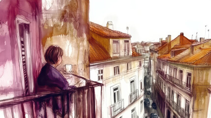 A person sitting on a balcony with a cup in hand, overlooking an urban cityscape with distinct rooftops and streets lined with cars, creating a serene and contemplative atmosphere.