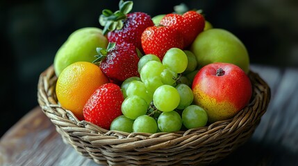 A vibrant assortment of fresh fruits in a woven basket displayed on a wooden surface in natural lighting