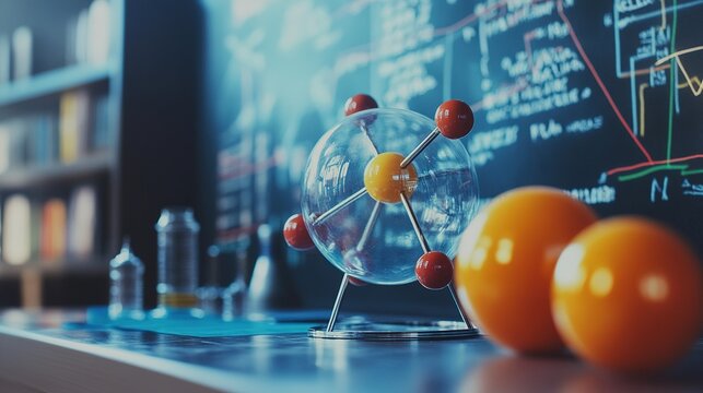 A modern classroom scene featuring an atomic model, molecular spheres, and scientific diagrams, highlighting the beauty of chemistry and education. - Powered by Adobe