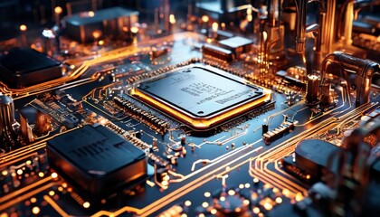 Obraz premium A high-resolution image of a glowing microchip on a detailed circuit board. The intricate pathways of the board are illuminated by golden and blue lights, symbolizing cutting-edge technology.. AI