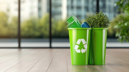 Two green recycling bins filled with recyclable materials and plants, set against a bright, modern interior backdrop.