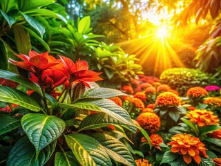 Fototapeta premium Sun-kissed leaves and blossoms form a vibrant, lush green atmosphere, radiating warmth and vitality, creating a lively summer experience in the great outdoors.