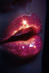 Sparkling pink glitter lips reflecting bright light
