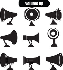 Black and White Vector Illustration of Volume Up Icons: Megaphones, Speakers, and Audio Equipment for Sound Amplification and Announcements