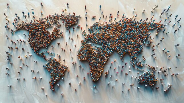 A world map made up of densely packed human figures, symbolizing global population density and distribution. A powerful visual representation of overpopulation and global demographics