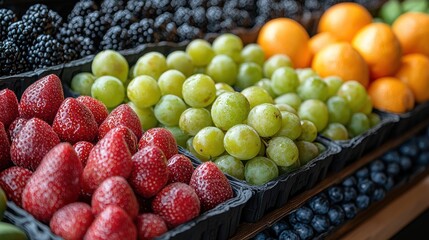Vibrant display of fresh fruits including strawberries, green grapes, blackberries, and oranges at a market on a sunny day