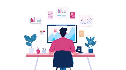 A person is working at a desk, analyzing data on a computer screen, surrounded by graphs, charts, and plants in a modern workspace.