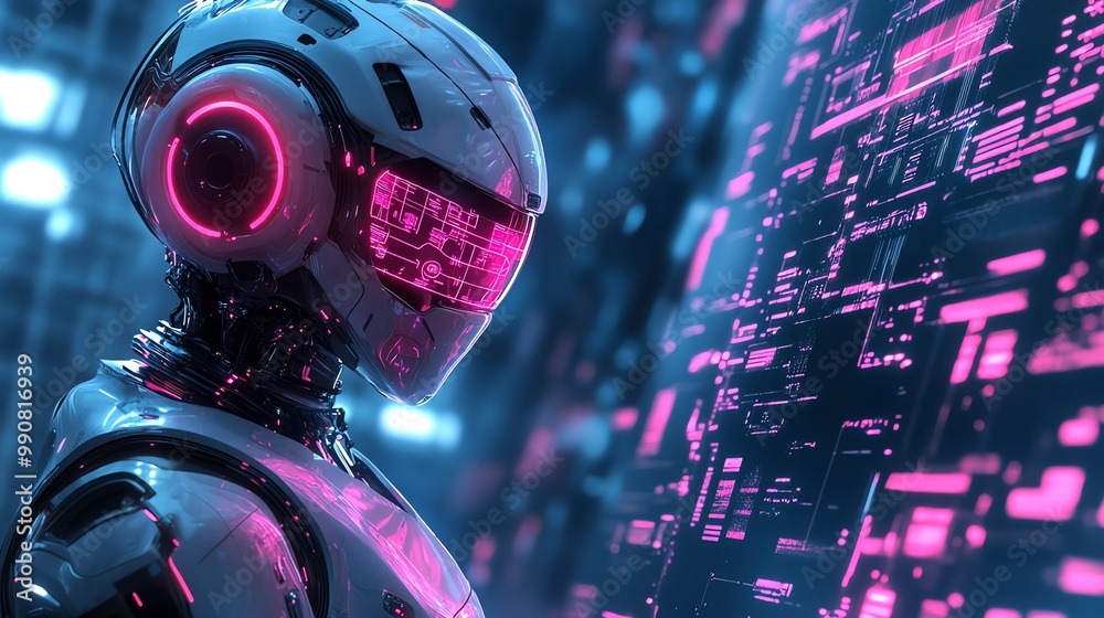 Poster a futuristic cyborg robot with a glowing pink visor looks at a digital screen with binary code and d