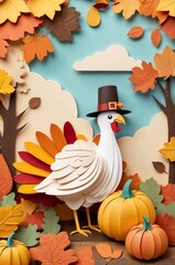 A whimsical Thanksgiving-themed display featuring a paper turkey with a pilgrim hat among vibrant autumn leaves and pumpkins on an orange backdrop