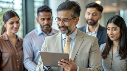 An Indian business leader using a digital device to discuss technological solutions with a team.
