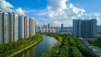 Fototapeta premium Modern residential buildings near the river. Real estate or investment concept