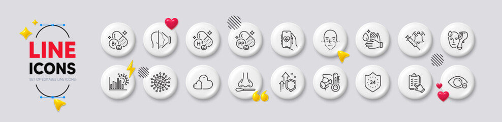 Care, Coronavirus statistics and Nasal test line icons. White buttons 3d icons. Pack of Sick man, Coronavirus, 24 hours icon. Checklist, Health app, Face id pictogram. Vector