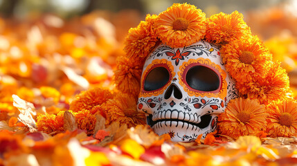 A colorful skull adorned with vibrant marigolds in a bed of autumn leaves, celebrating Day of the Dead traditions.