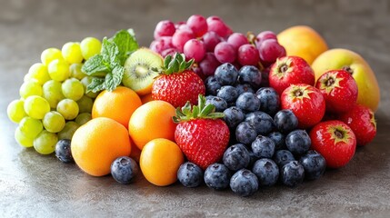 Fresh assortment of colorful fruits arranged on a dark countertop showcasing seasonal variety and vibrant colors