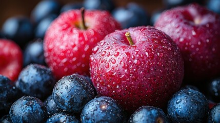 Freshly picked red apples and blueberries glistening with droplets, showcasing a vibrant autumn harvest on a wooden table