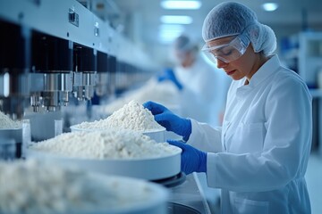 Laboratory testing of flour in a controlled environment with researchers in lab coats