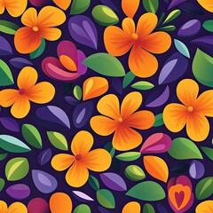 Fototapeta premium A vibrant pattern of orange and purple flowers and leaves against a dark background, showcasing a playful, botanical design.