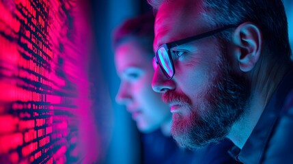 Focused professionals analyzing data on glowing screens