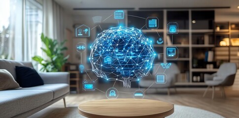 A futuristic smart home with a 3D brain graphic representing artificial intelligence, connecting and controlling all household appliances.