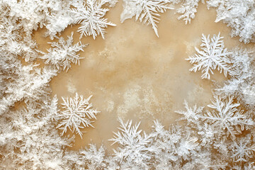 Frosty Christmas background with ice crystals forming intricate patterns on a blue surface