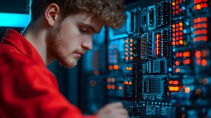 Young technician working on advanced computer circuitry