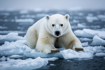 A polar bear rests on ice in a serene Arctic landscape, showcasing its majestic presence in a fragile environment.