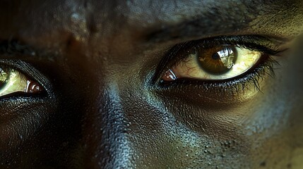 Naklejka premium Close-up of a male Black subject with striking greenish-brown eyes.