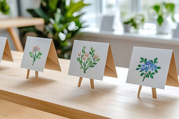 finished handmade cards displayed, focus on unique designs