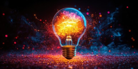 A colorful explosion of sparks from a light bulb in a dark setting at night