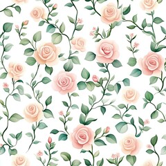 A delicate floral pattern featuring soft pink roses and green leaves on a white background, perfect for elegant designs and decor.