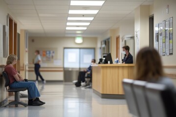 People sit quietly in a hospital waiting room near the reception area, some absorbed in their phones, others glancing around. The atmosphere is tense yet hopeful, filled with anticipation.