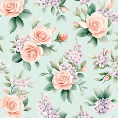 A floral pattern featuring soft pink roses and delicate lavender blossoms on a muted green background.