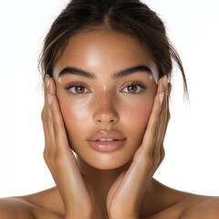 Radiant woman with clear skin and elegant poise