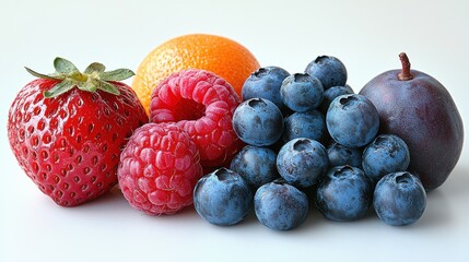 Fresh berries and fruits on a white background showcasing strawberries, raspberries, blueberries, and a plum