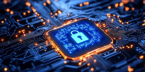A glowing blue padlock icon on a circuit board.