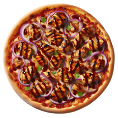  A BBQ chicken pizza with grilled chicken, barbecue sauce, red onions on transparent background.