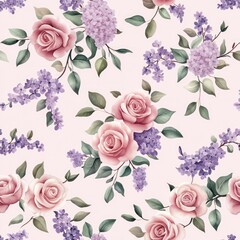 A beautiful floral pattern featuring pink roses and purple lilacs on a soft cream background, perfect for wallpaper or fabric design.
