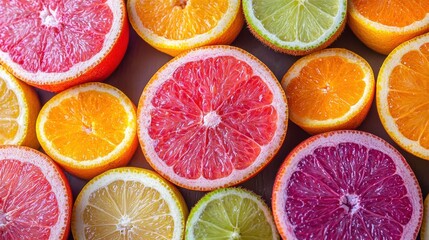Fototapeta premium Colorful citrus fruits arranged beautifully on a wooden surface, showcasing vibrant shades and textures in the morning light