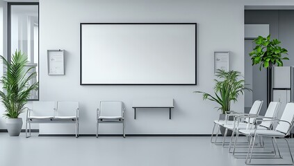 Fototapeta premium Modern waiting area with a large blank frame for your design.